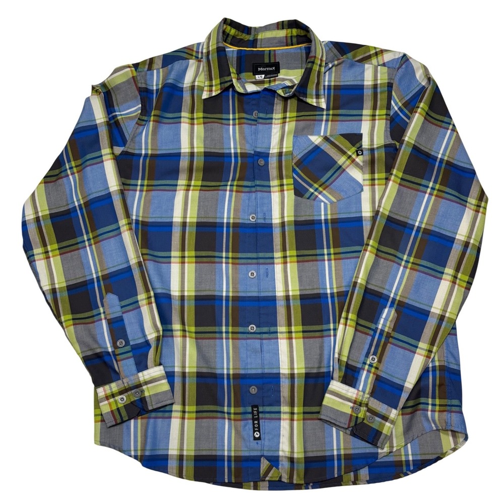 Marmot Mens Shirt Size Large Plaid Button Down Long Sleeve Blue Green Polyester